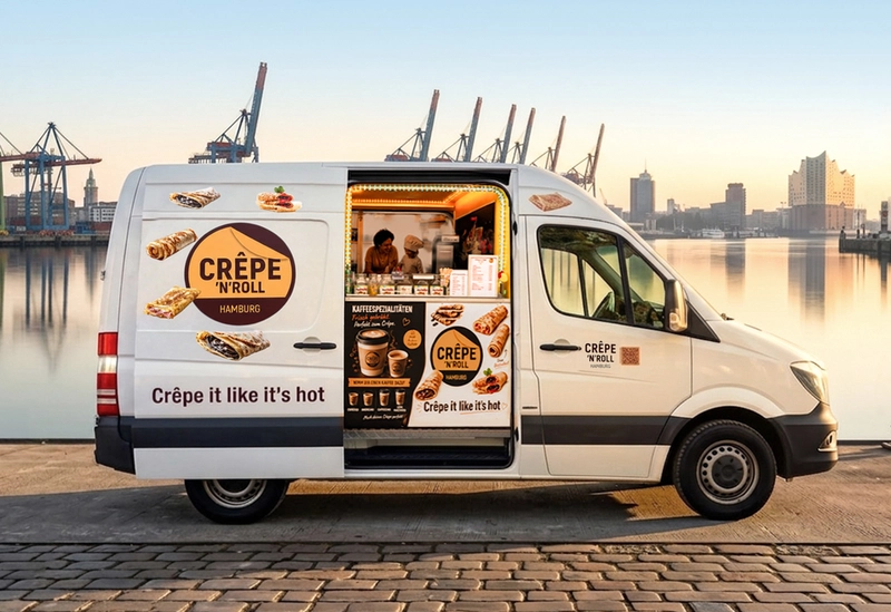 Weißer Foodtruck am Hafen
